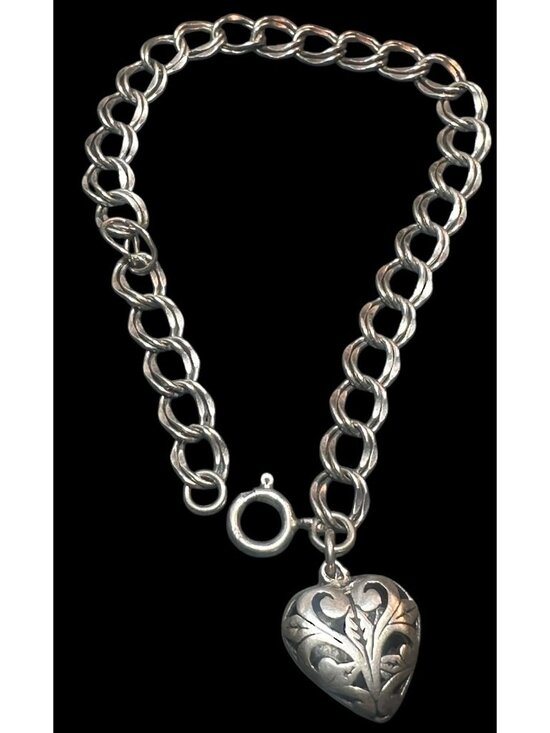 Unbranded Jewelry - Vintage 925 Sterling Silver Double Curb Link Charm Bracelet Puffy Heart